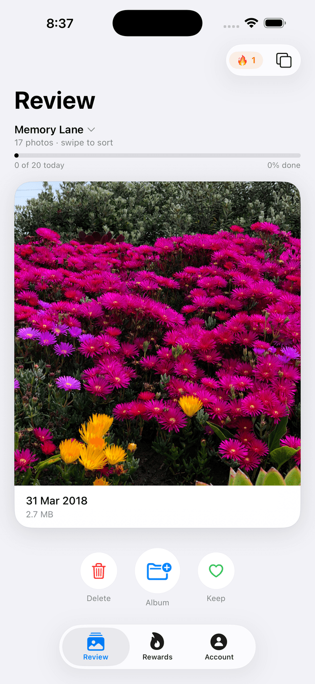 Migrate Moments for iOS — the Review screen, swiping a photo to keep, delete, or add to an album