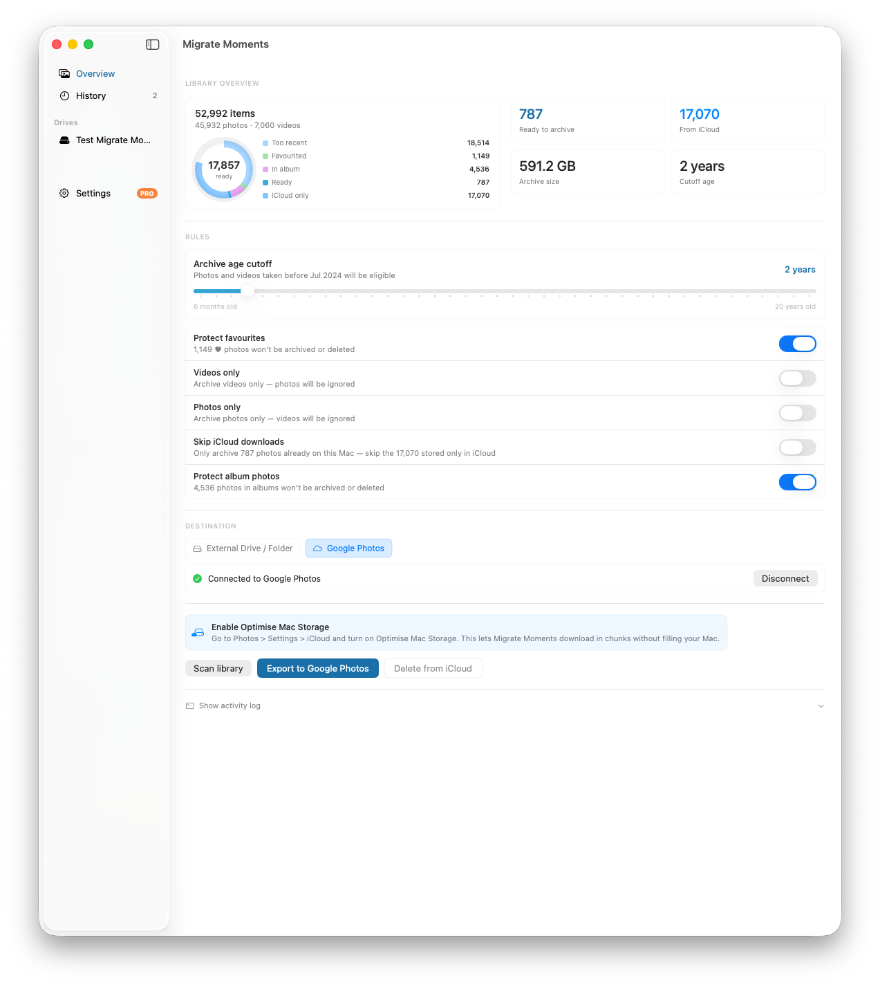 Migrate Moments for Mac showing a scanned library of 52,992 items totalling 591.2 GB with Google Photos connected