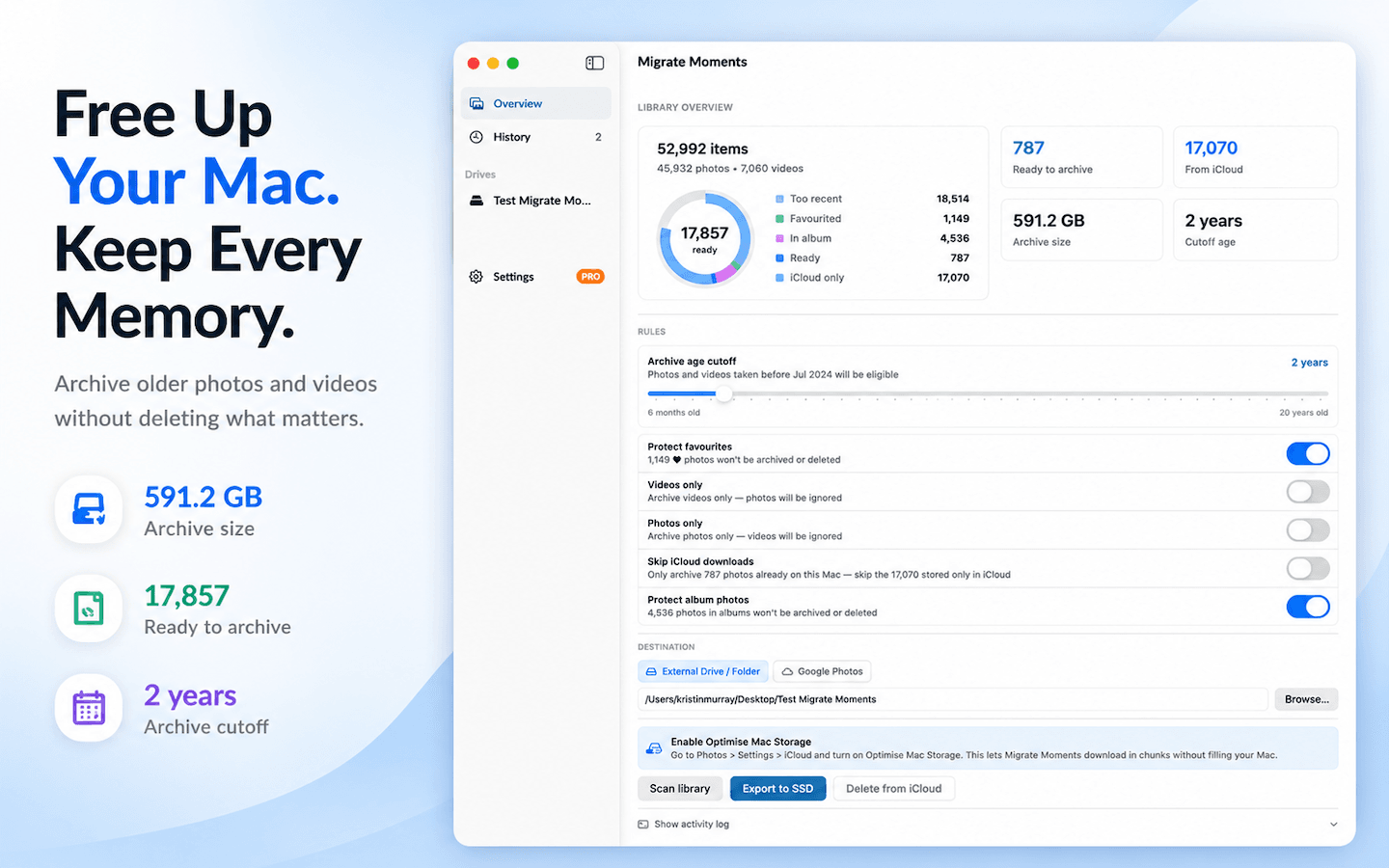 Migrate Moments library analysis — 17,857 photos ready to archive, 591.2 GB reclaimable, with a two-year cutoff selected